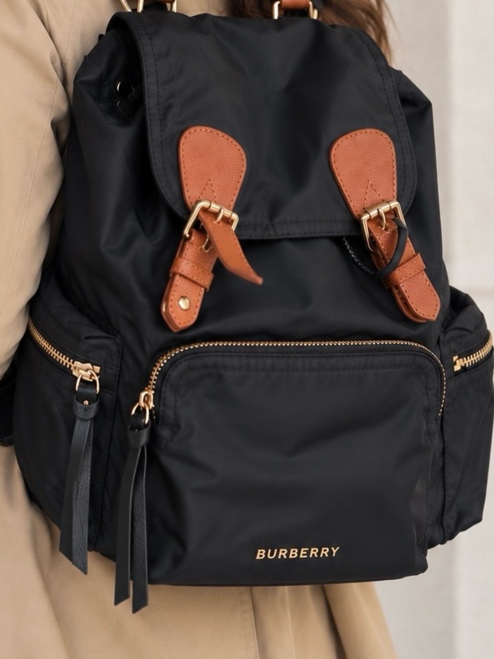Black Nylon Backpack with Tan Leather Accents